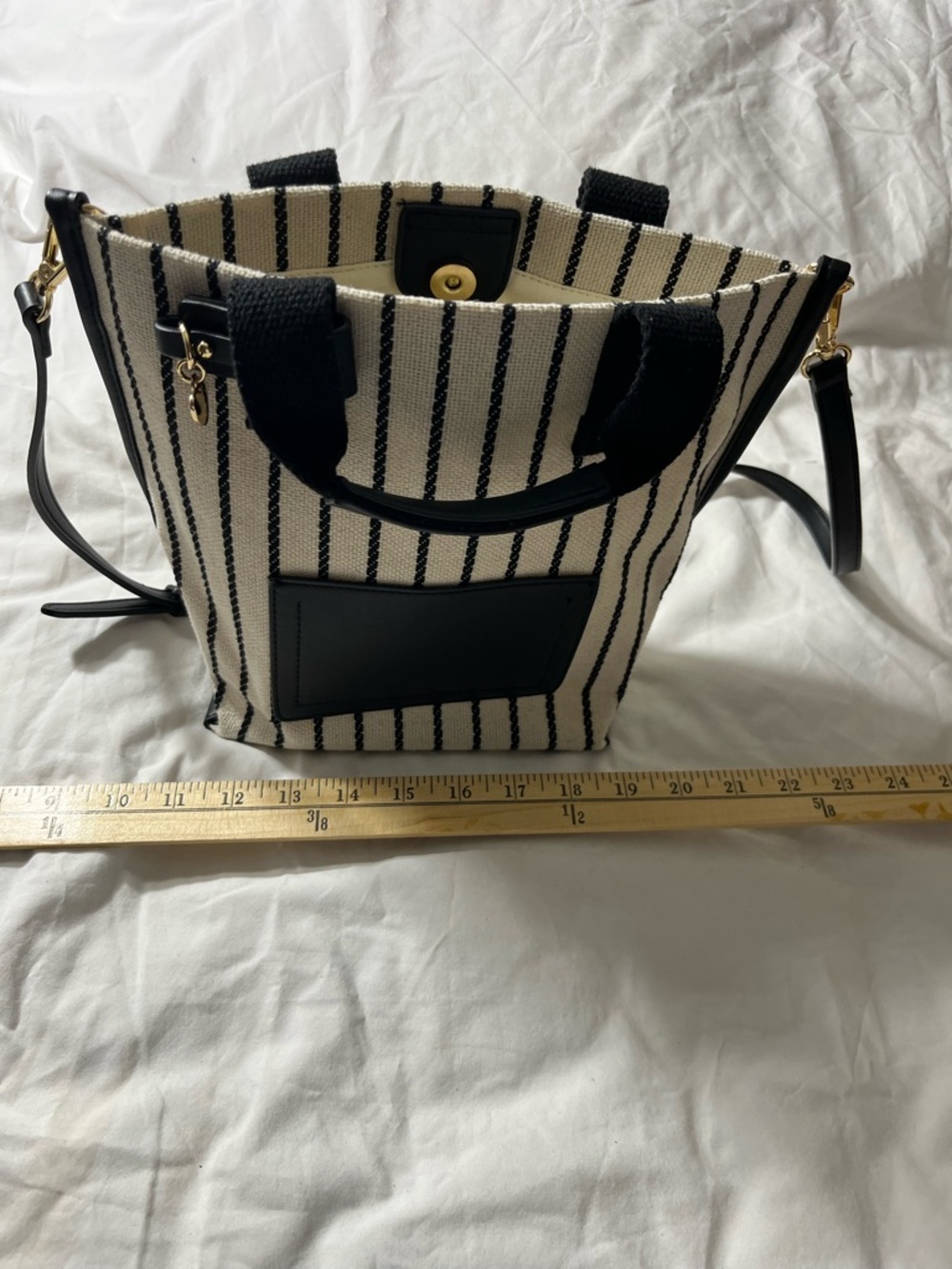 By Roem Striped Cream and Black Canvas Tote with Removable Strap
